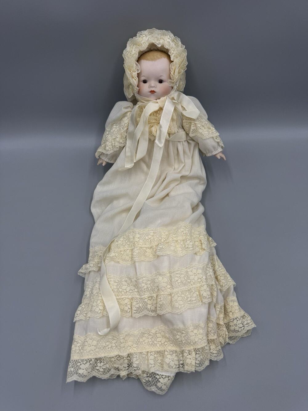 Dynasty Doll Vintage Porcelain Baby Doll in Long Yellow Dress W/ Bonnet 14”